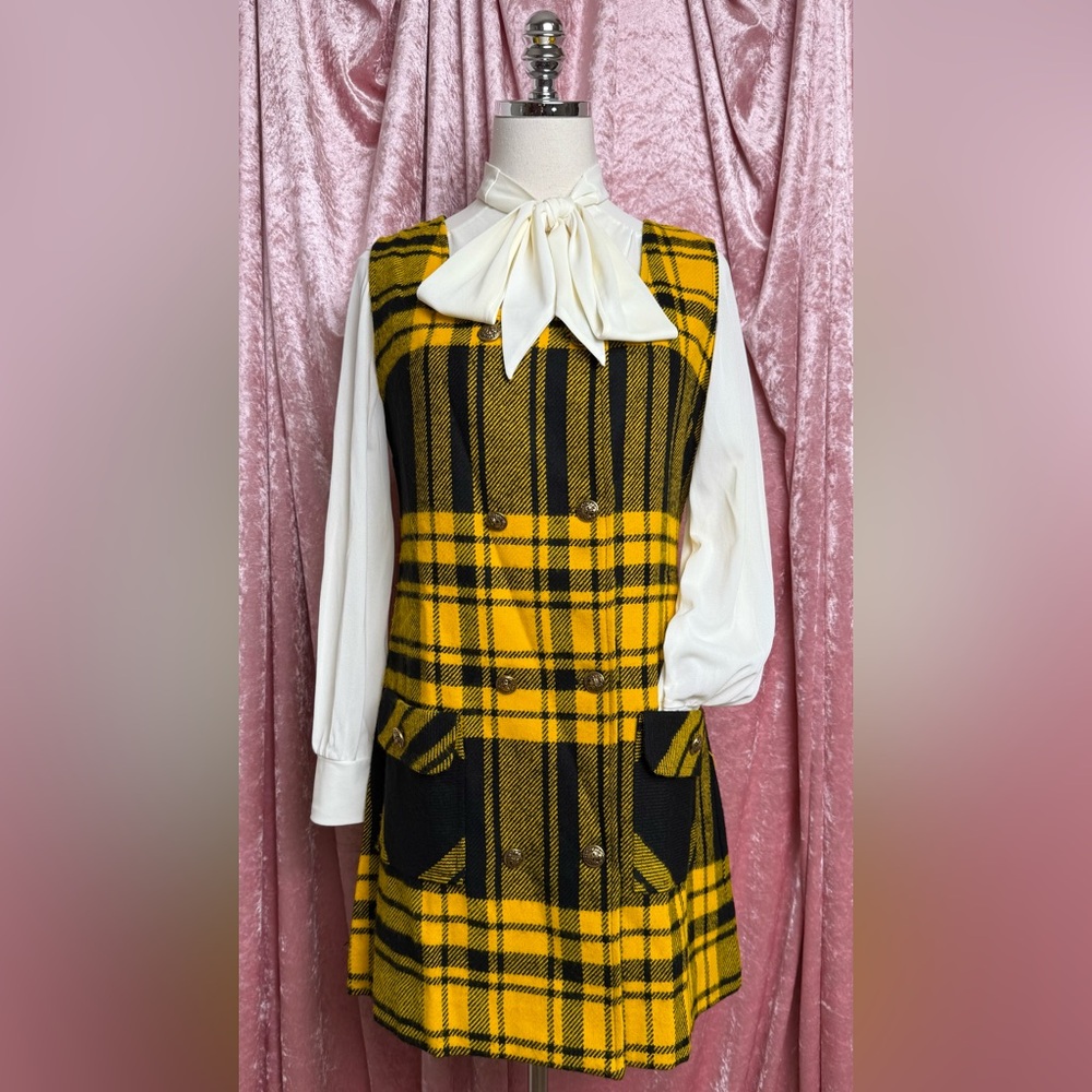 Vintage 1972 Lemon Frog Sears Jumper Black Gold Yellow Plaid Dress Junior 14 - Picture 3 of 13
